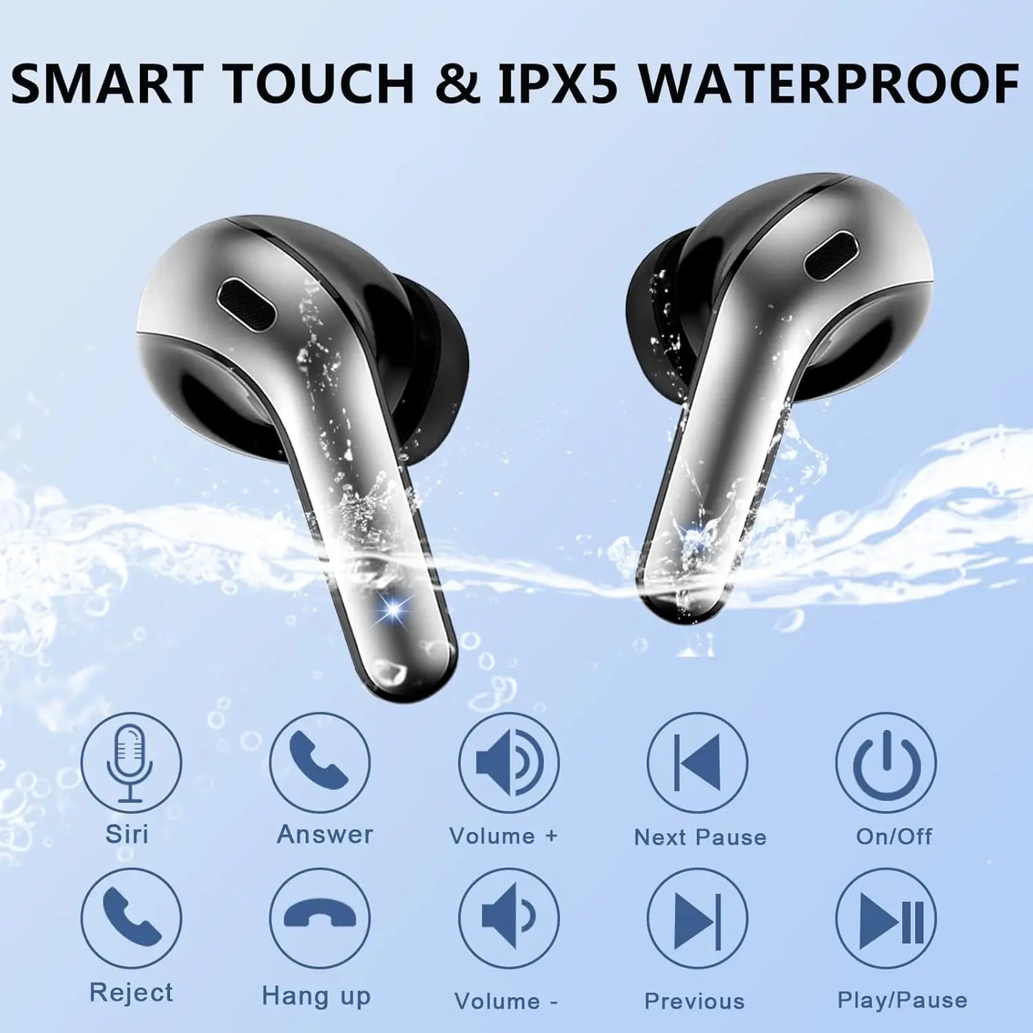 Bluetooth Earbuds V5.3, 45H Playtime, LED Display, Bluetooth Headphones with Mic, Touch Control, IPX5 Waterproof