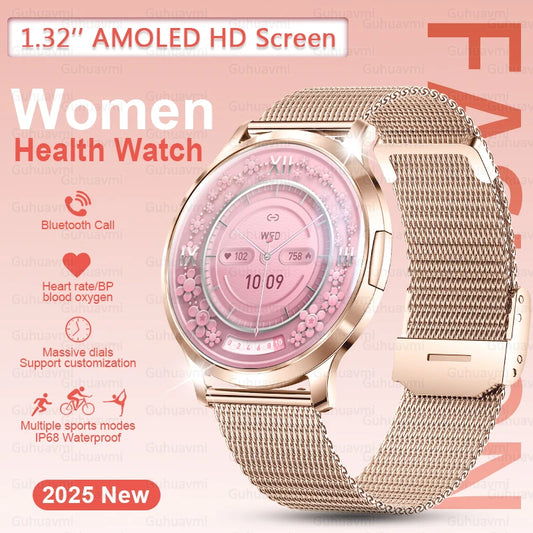 2025 New Smartwatch Women 1.32-inch AMOLED HD Screen Heart Rate Bluetooth Call IP68 Waterproof  Smart Men Watch For Android ios
