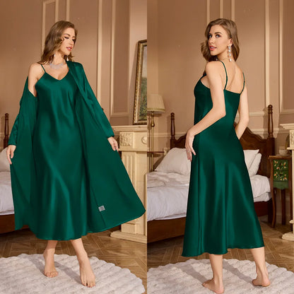 Sexy Long Nighty&Robe Set Nightgown Spring Summer Female Sleepwear Suspender Nightdress Solid Color Satin Homewear