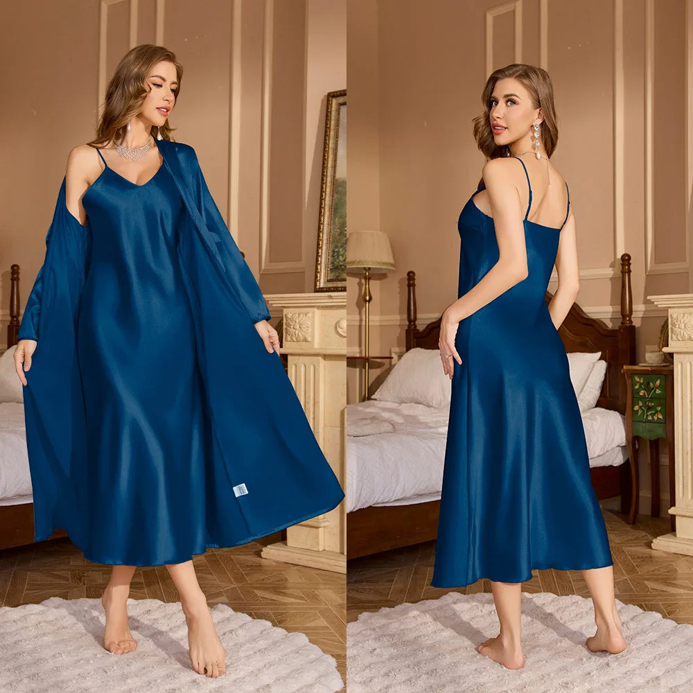 Sexy Long Nighty&Robe Set Nightgown Spring Summer Female Sleepwear Suspender Nightdress Solid Color Satin Homewear