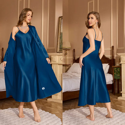 Sexy Long Nighty&Robe Set Nightgown Spring Summer Female Sleepwear Suspender Nightdress Solid Color Satin Homewear