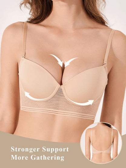Low Back Bras for Women-Seamless Lightly Lined Invisible Backless Bra-Underwire Plunge Open Back Beige Bra