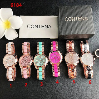 The New Watch Is Made of Ceramic Macaron Adhesive Alloy and Geneva Three Eyed Six Needle Decorative Women's Fashion Quartz
