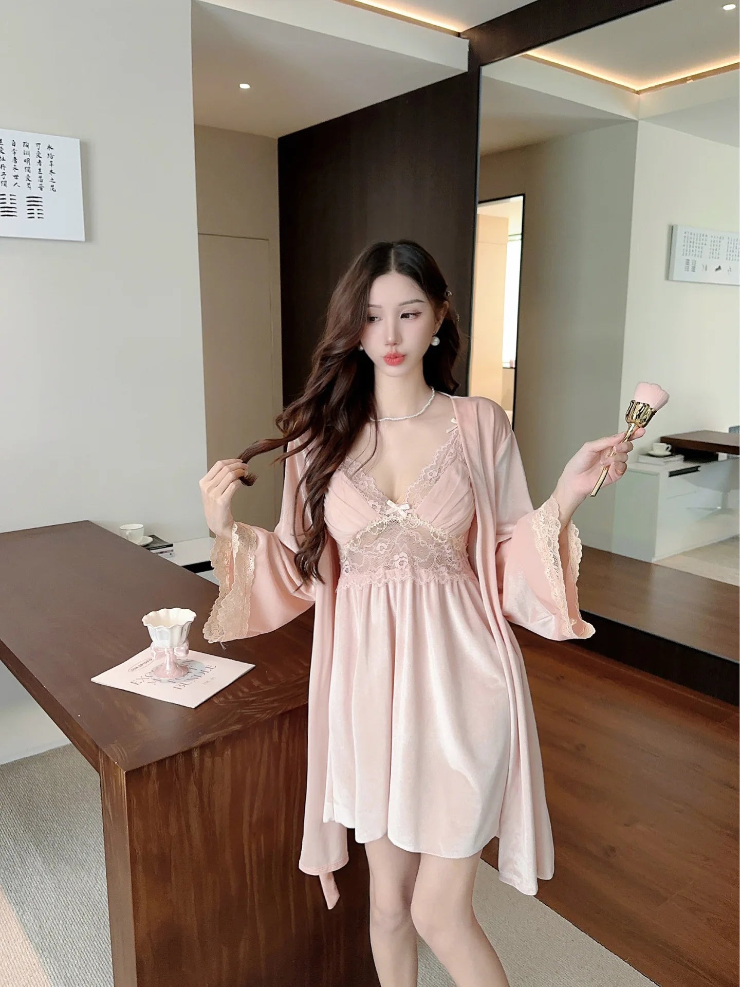 Female Nighty&Robe Set Autumn Winter New Kimono Bathrobe Gown Sexy Velvet Sleepwear Nightdress Two Piece Set Loose Home Dress