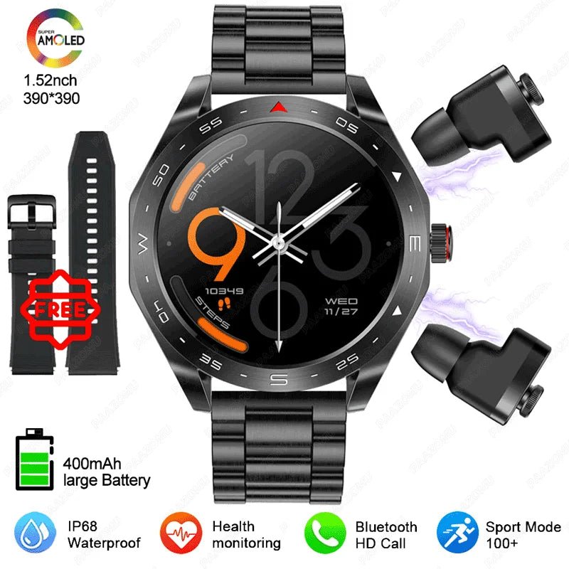 2025 New Smart Watch with TWS Earbuds 1.52 Inch AMOLED IP67 Waterproof Bluetooth Calls MP3 Music Smartwatch for Men Android iOS