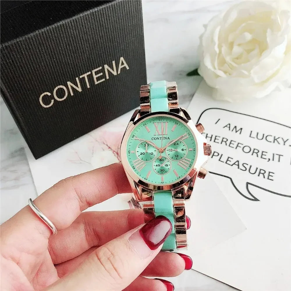 The New Watch Is Made of Ceramic Macaron Adhesive Alloy and Geneva Three Eyed Six Needle Decorative Women's Fashion Quartz
