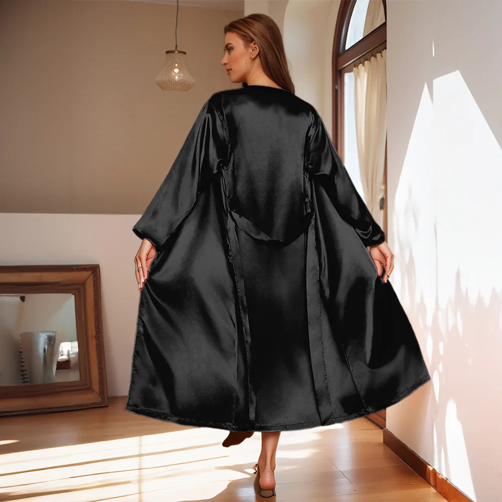 Sexy Long Nighty&Robe Set Nightgown Spring Summer Female Sleepwear Suspender Nightdress Solid Color Satin Homewear