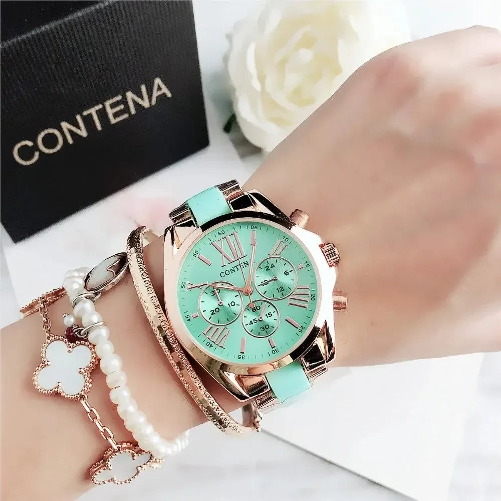 The New Watch Is Made of Ceramic Macaron Adhesive Alloy and Geneva Three Eyed Six Needle Decorative Women's Fashion Quartz