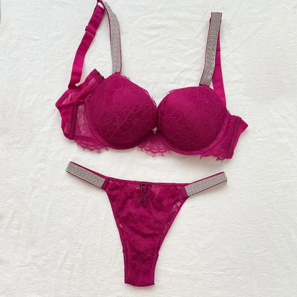 Women Bra Set Sexy Underwear Vs Push Up Bra And Panty Set Letter Rhinestones Panties G String Pink Lingerie Set For Woman
