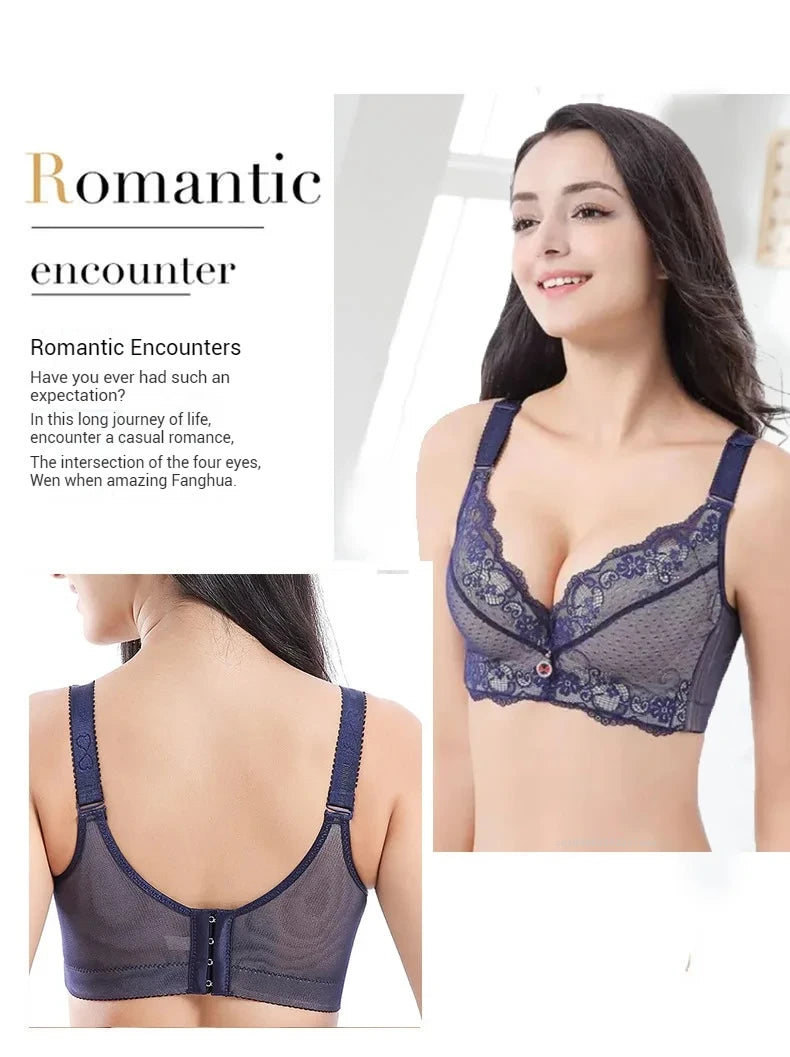 Bra Large Size Lace Bralette Back Four Row Adjustment Bra Thickened Upper Support Lace Top Support Gathering Bra for Women