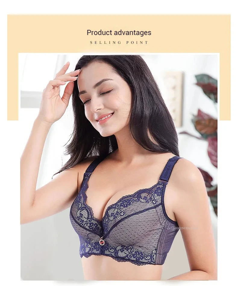Bra Large Size Lace Bralette Back Four Row Adjustment Bra Thickened Upper Support Lace Top Support Gathering Bra for Women