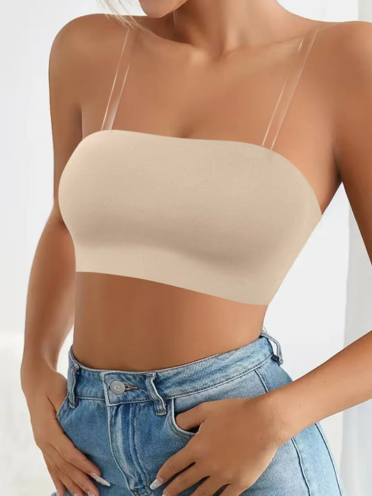Women's Tube Top Bra Strapless Non-Padded Bra with Clear Straps Bandeau Bralette Bra