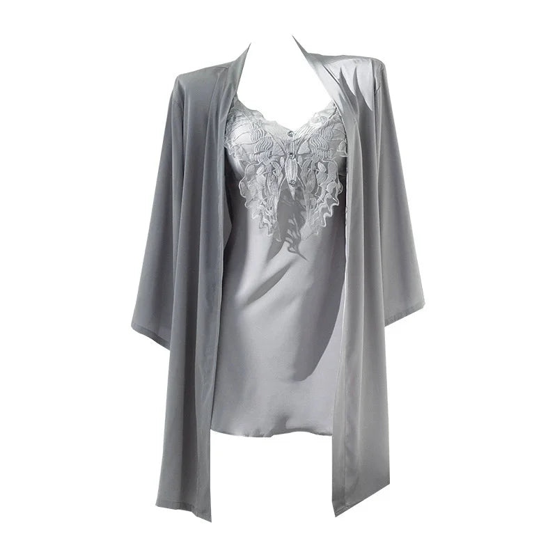 Sexy Lace Nighty&Robe Set Nightgown Silky Satin Home Dress Lounge Wear Summer Female Sleepwear Kimono Bathrobe Gown Lingerie