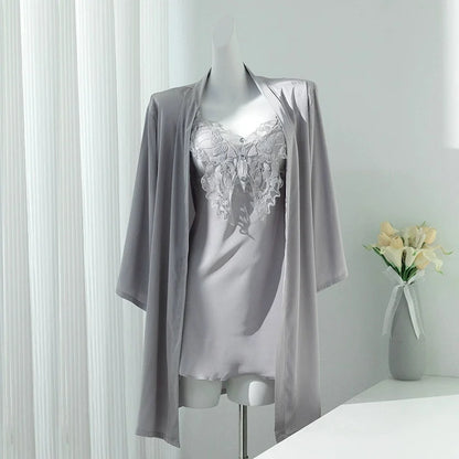 Sexy Lace Nighty&Robe Set Nightgown Silky Satin Home Dress Lounge Wear Summer Female Sleepwear Kimono Bathrobe Gown Lingerie