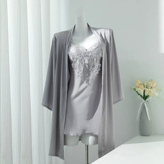 Sexy Lace Nighty&Robe Set Nightgown Silky Satin Home Dress Lounge Wear Summer Female Sleepwear Kimono Bathrobe Gown Lingerie
