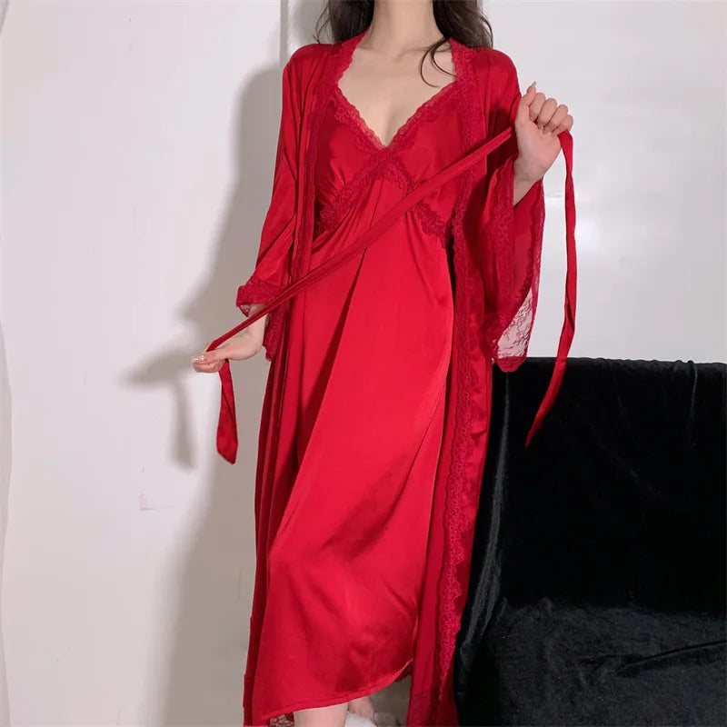 Elegant Female Nighty&Robe Set Long Bathrobe Nightgown Sexy Lace Trim Nightdress Sleepwear Spring Summer Silk Satin Home Wear