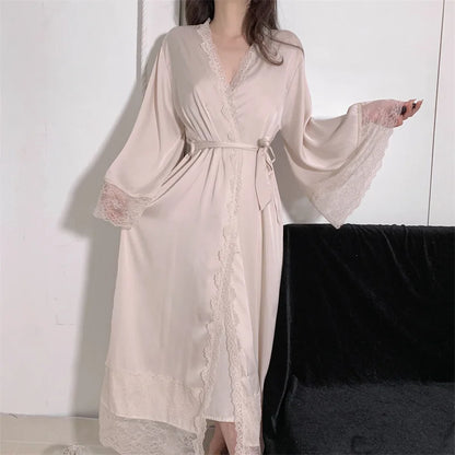 Elegant Female Nighty&Robe Set Long Bathrobe Nightgown Sexy Lace Trim Nightdress Sleepwear Spring Summer Silk Satin Home Wear