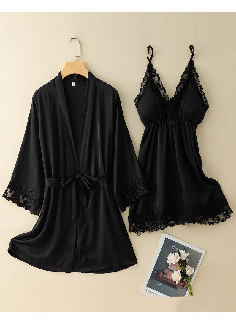 V-Neck Nighty&robe Set Sexy Lace Edge Kimono Bathrobe Nightgown Women Casual Homewear Sexy Lingerie Sling Sleepwear Loungewear