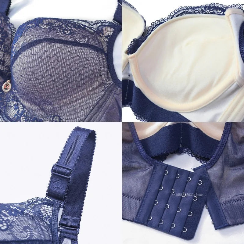Bra Large Size Lace Bralette Back Four Row Adjustment Bra Thickened Upper Support Lace Top Support Gathering Bra for Women