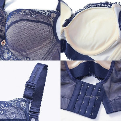 Bra Large Size Lace Bralette Back Four Row Adjustment Bra Thickened Upper Support Lace Top Support Gathering Bra for Women