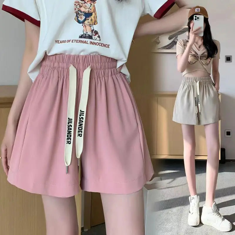 Shorts for Women Home Elastic Waist Short Pants Woman Pink Loose Elegant Classic Trend Baggy 2024 Hot Fashion Clothing Outfits