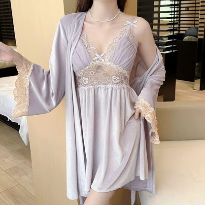Female Nighty&Robe Set Autumn Winter New Kimono Bathrobe Gown Sexy Velvet Sleepwear Nightdress Two Piece Set Loose Home Dress