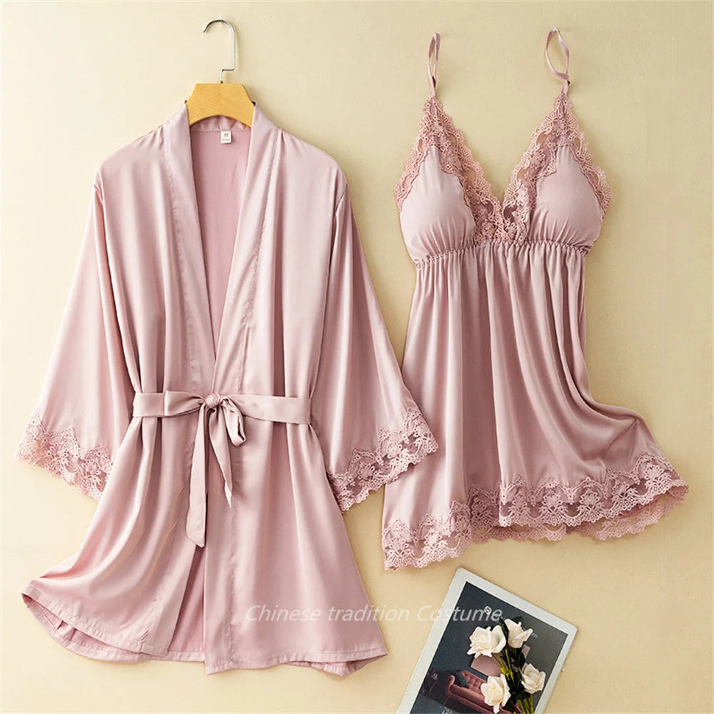 V-Neck Nighty&robe Set Sexy Lace Edge Kimono Bathrobe Nightgown Women Casual Homewear Sexy Lingerie Sling Sleepwear Loungewear