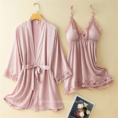 V-Neck Nighty&robe Set Sexy Lace Edge Kimono Bathrobe Nightgown Women Casual Homewear Sexy Lingerie Sling Sleepwear Loungewear