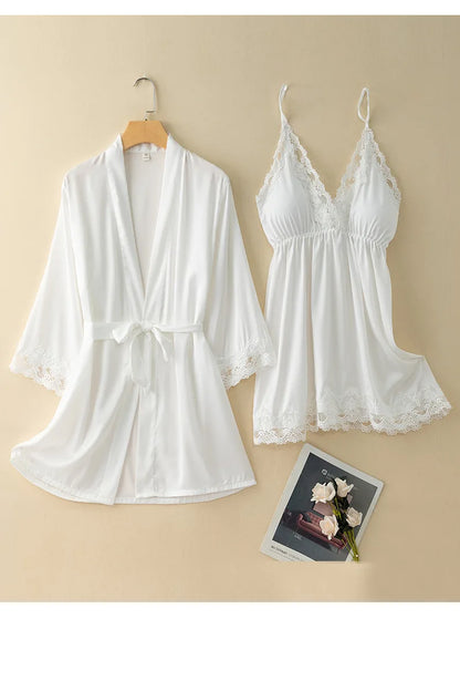 V-Neck Nighty&robe Set Sexy Lace Edge Kimono Bathrobe Nightgown Women Casual Homewear Sexy Lingerie Sling Sleepwear Loungewear