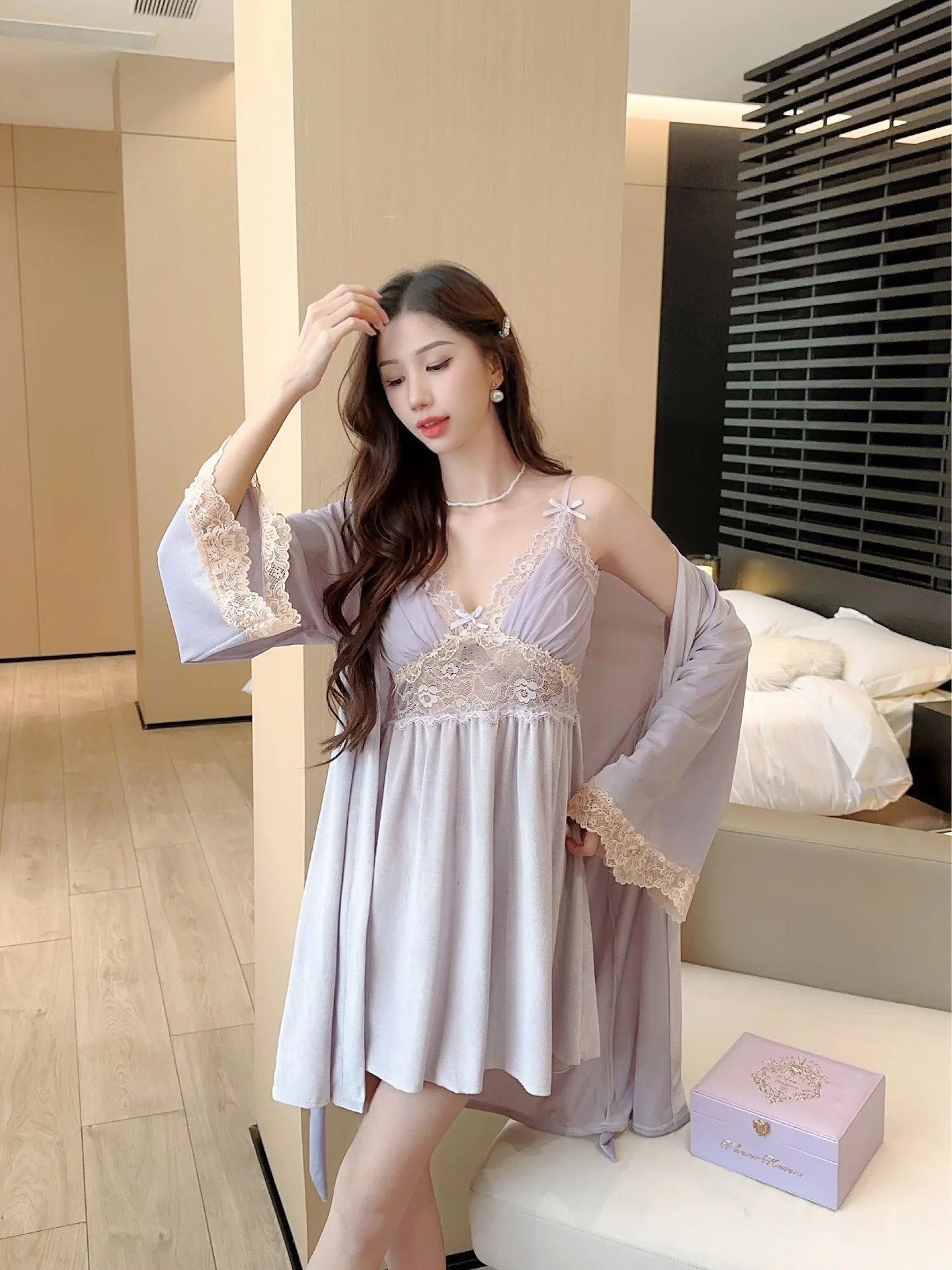 Female Nighty&Robe Set Autumn Winter New Kimono Bathrobe Gown Sexy Velvet Sleepwear Nightdress Two Piece Set Loose Home Dress