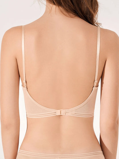 Low Back Bras for Women-Seamless Lightly Lined Invisible Backless Bra-Underwire Plunge Open Back Beige Bra