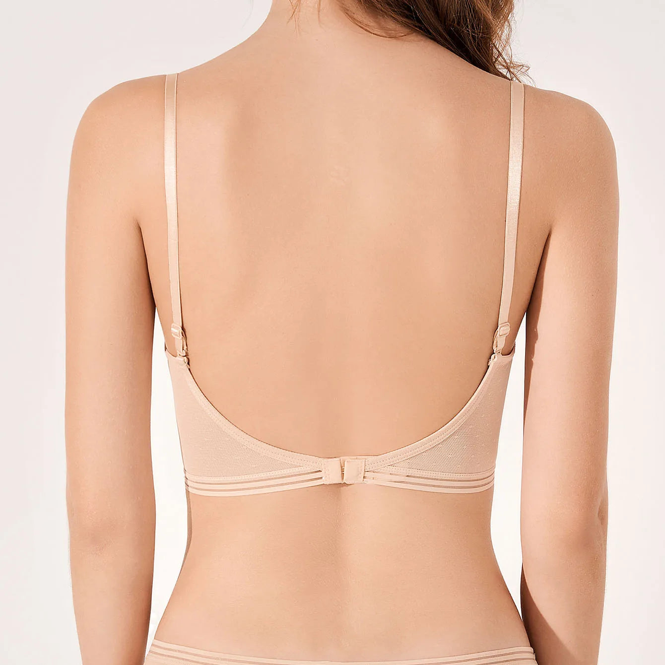 Low Back Bras for Women-Seamless Lightly Lined Invisible Backless Bra-Underwire Plunge Open Back Beige Bra