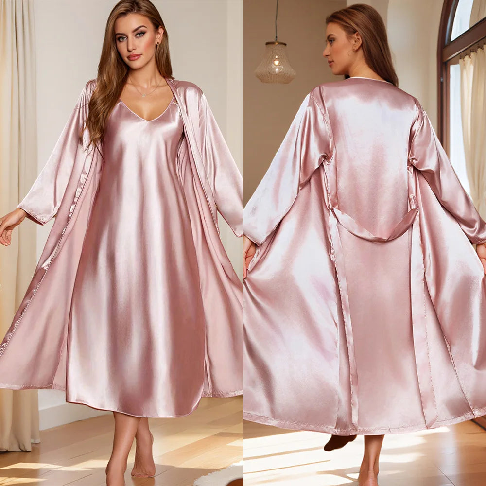 Sexy Long Nighty&Robe Set Nightgown Spring Summer Female Sleepwear Suspender Nightdress Solid Color Satin Homewear