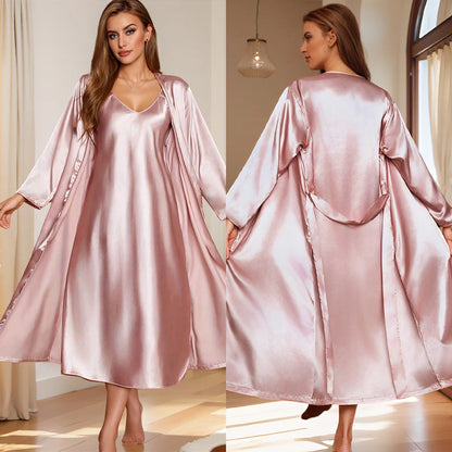 Sexy Long Nighty&Robe Set Nightgown Spring Summer Female Sleepwear Suspender Nightdress Solid Color Satin Homewear