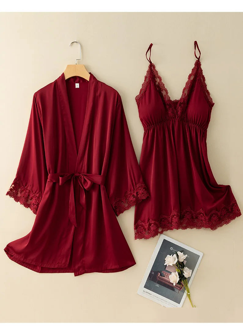 V-Neck Nighty&robe Set Sexy Lace Edge Kimono Bathrobe Nightgown Women Casual Homewear Sexy Lingerie Sling Sleepwear Loungewear