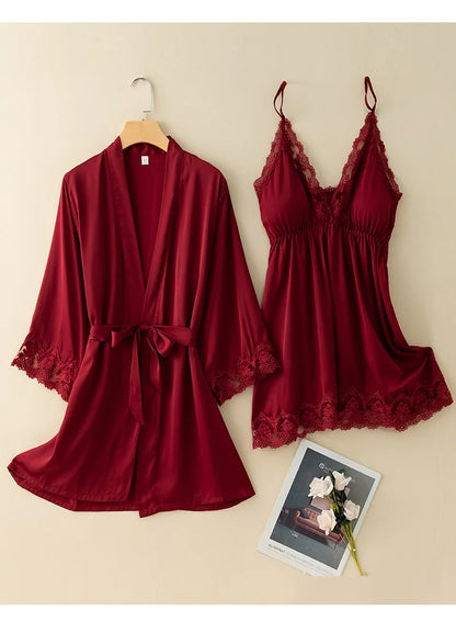 V-Neck Nighty&robe Set Sexy Lace Edge Kimono Bathrobe Nightgown Women Casual Homewear Sexy Lingerie Sling Sleepwear Loungewear
