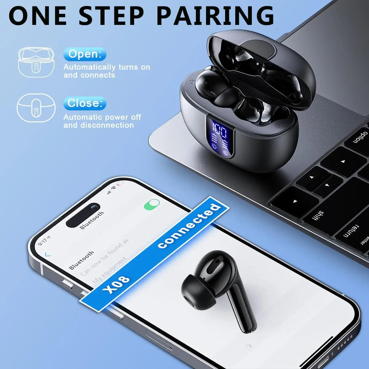 Bluetooth Earbuds V5.3, 45H Playtime, LED Display, Bluetooth Headphones with Mic, Touch Control, IPX5 Waterproof