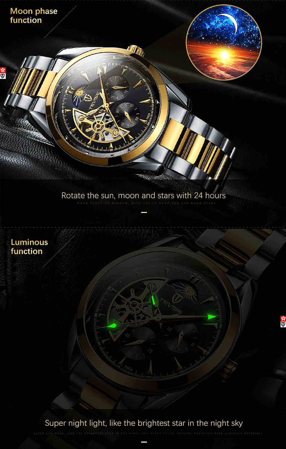 Relogio Masculino Tevise Mens Watches Top Brand Luxury Tourbillon Automatic Mechanical Watch Men Full Steel Waterproof Watches