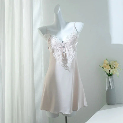 Sexy Lace Nighty&Robe Set Nightgown Silky Satin Home Dress Lounge Wear Summer Female Sleepwear Kimono Bathrobe Gown Lingerie