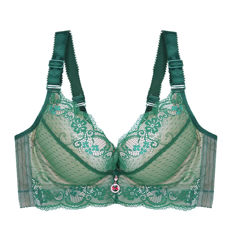Bra Large Size Lace Bralette Back Four Row Adjustment Bra Thickened Upper Support Lace Top Support Gathering Bra for Women