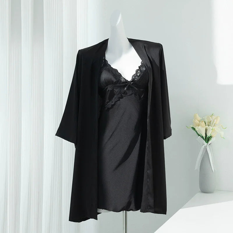 Lace Women Nighty Robe Set Rayon Bathrobe Gown Loungewear Sexy Nightgown Sleepwear Summer Kimono Home Dress